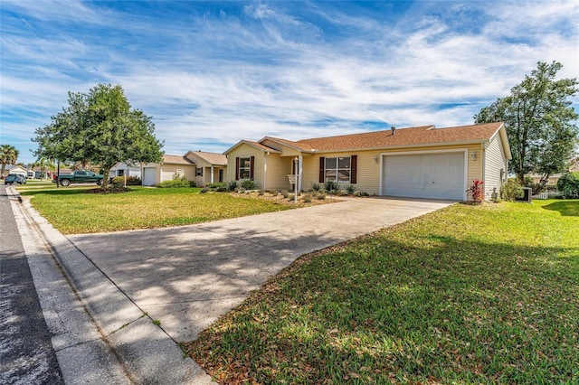 ranch-style home featuring a garage and a front yard