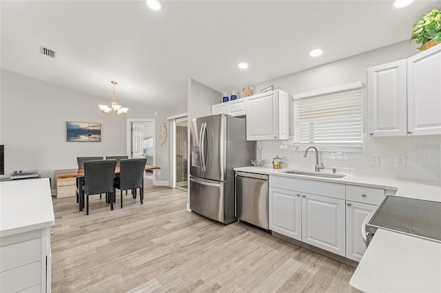 kitchen featuring pendant lighting, white cabinets, sink, tasteful backsplash, and stainless steel appliances