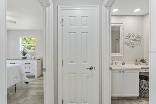 bathroom featuring hardwood / wood-style floors and vanity