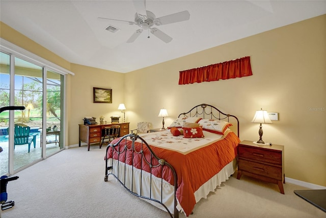 bedroom featuring access to outside, ceiling fan, and light colored carpet