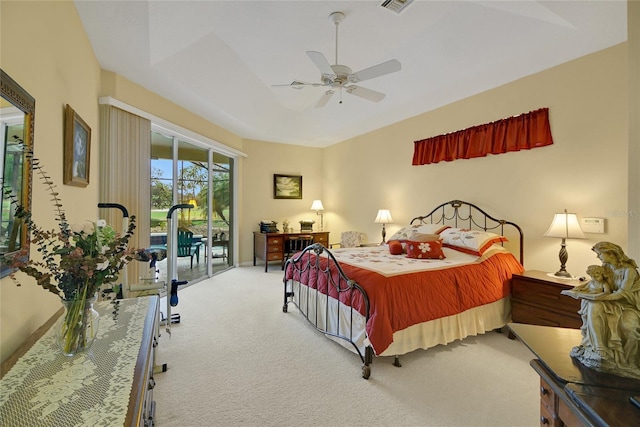 bedroom featuring carpet, ceiling fan, and access to exterior