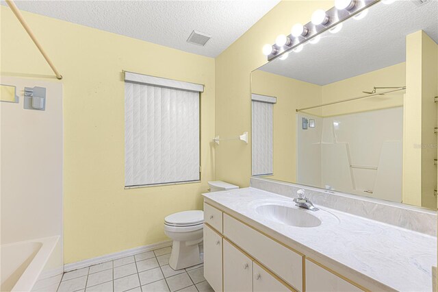 full bathroom with tile patterned flooring, a textured ceiling, toilet, shower / washtub combination, and vanity