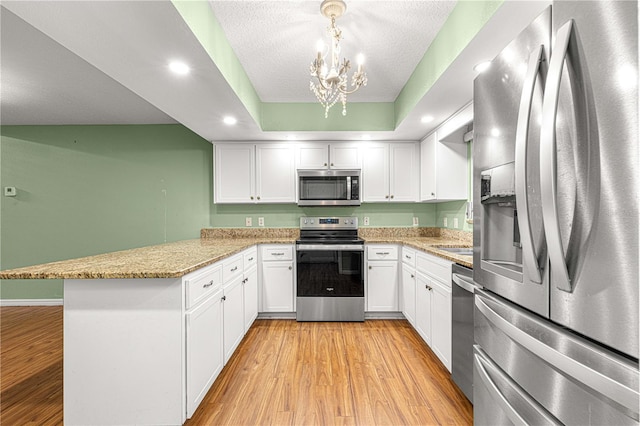 kitchen with white cabinets, pendant lighting, kitchen peninsula, and stainless steel appliances