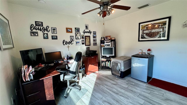 office featuring ceiling fan and light hardwood / wood-style floors