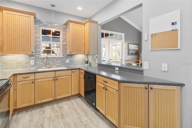 kitchen with dishwasher, sink, backsplash, lofted ceiling, and range