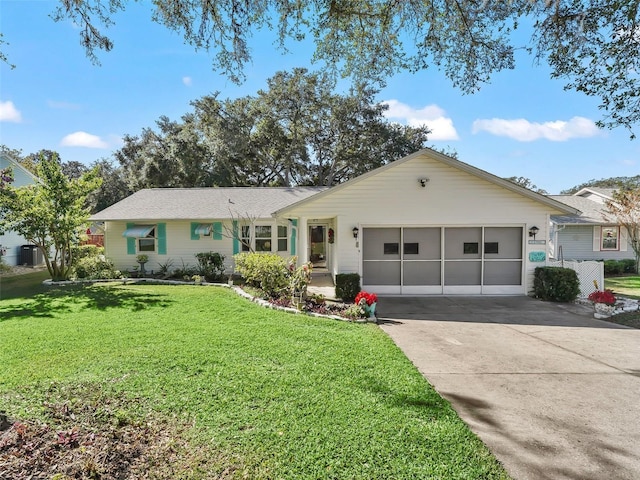 single story home with a garage and a front yard