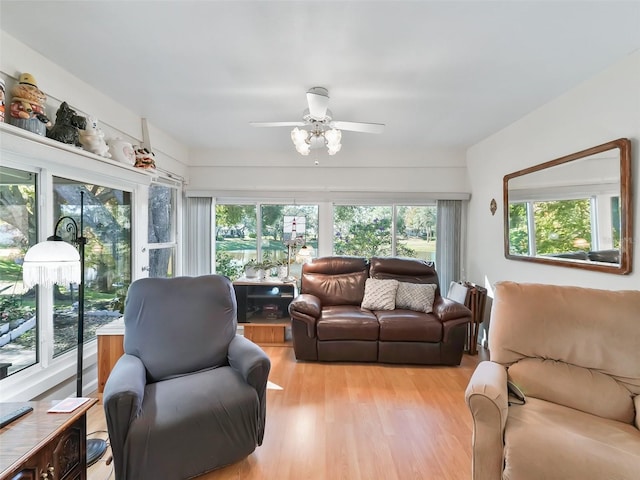 living room featuring ceiling fan and light hardwood / wood-style floors