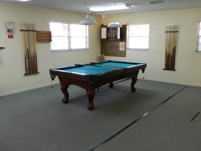 rec room with carpet floors and billiards