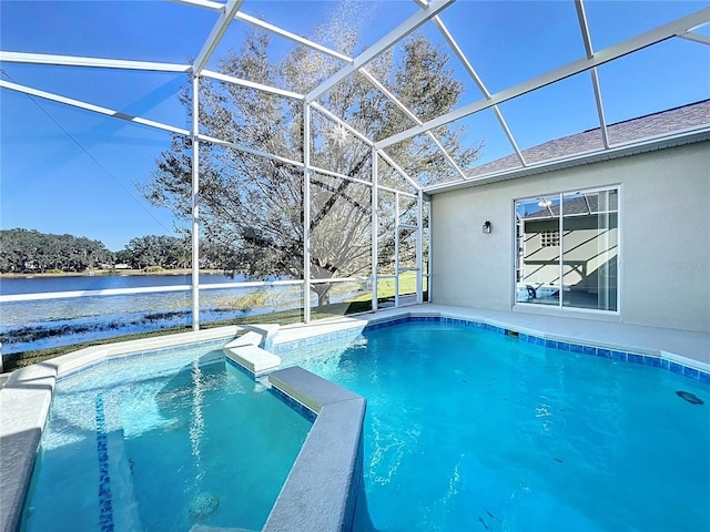 view of pool featuring a lanai and a water view