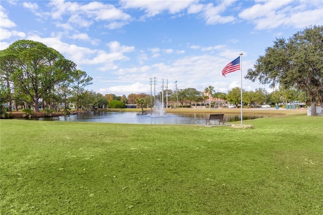 view of property's community featuring a water view and a lawn