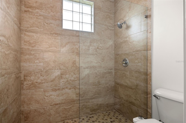 bathroom with a tile shower and toilet