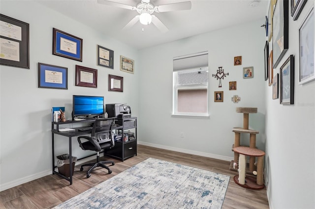 home office featuring ceiling fan and wood-type flooring