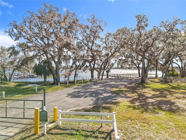 view of street with a water view