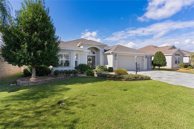 single story home featuring a front yard and a garage