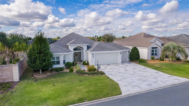 single story home with a garage and a front lawn