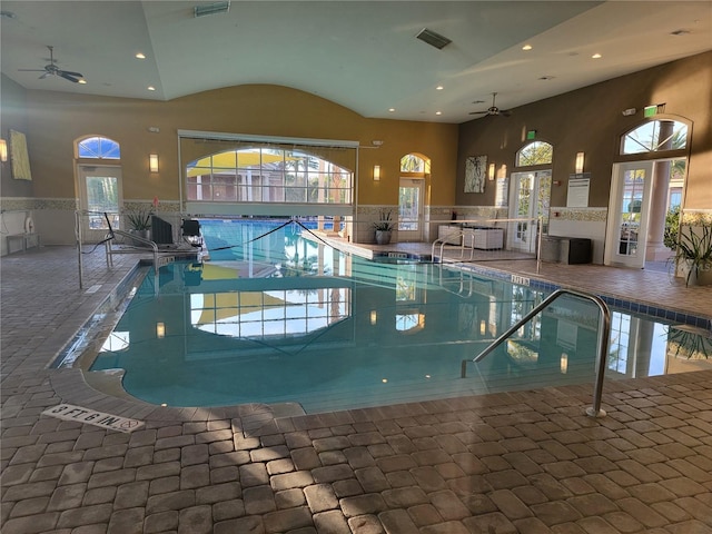 view of pool featuring ceiling fan