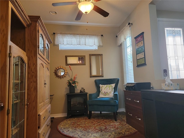 living area with ceiling fan