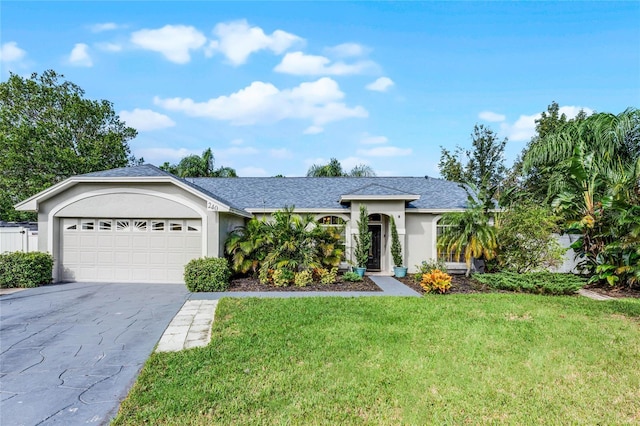 single story home with a garage and a front lawn