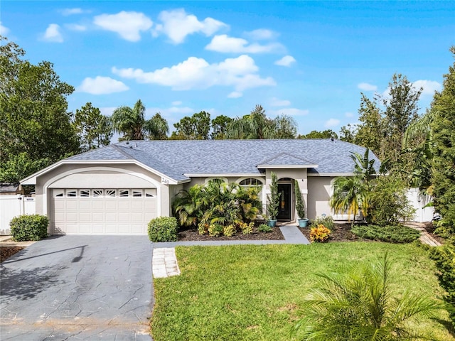 single story home with a garage and a front lawn