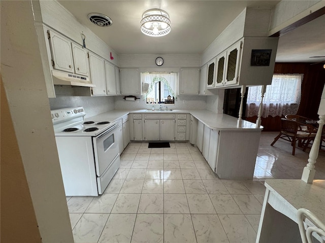 kitchen featuring white cabinetry, sink, white appliances, and kitchen peninsula