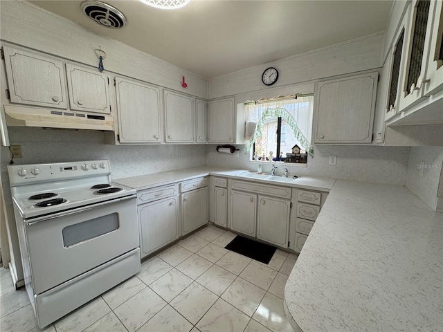 kitchen with white electric stove and sink