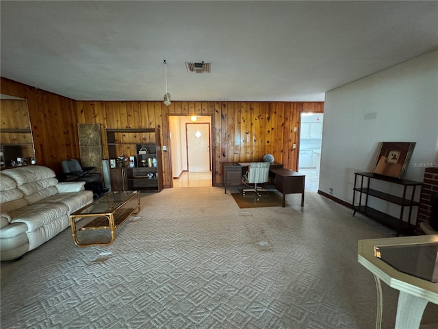 living room featuring wooden walls