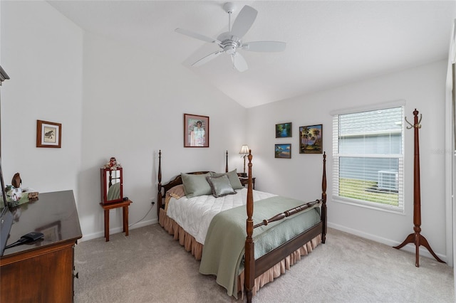 carpeted bedroom featuring ceiling fan and lofted ceiling