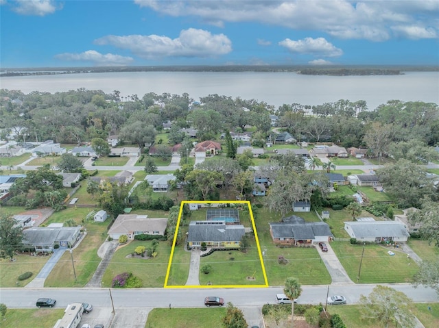 drone / aerial view featuring a water view