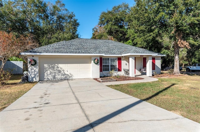 ranch-style house featuring a garage and a front lawn