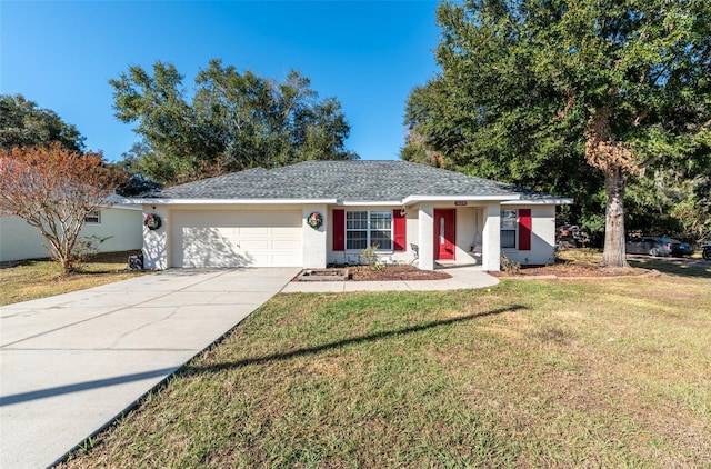 ranch-style house with a front yard and a garage