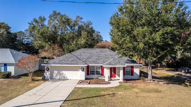 ranch-style home with a front lawn and a garage