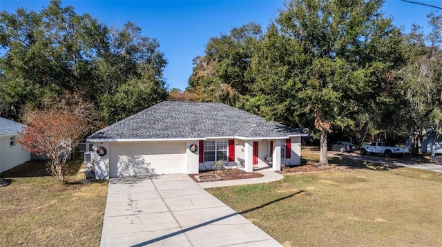 single story home featuring a front yard and a garage