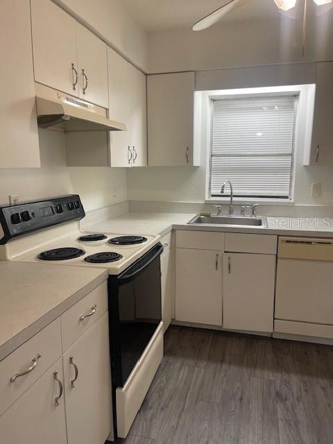 kitchen featuring dark hardwood / wood-style flooring, white appliances, white cabinetry, and sink