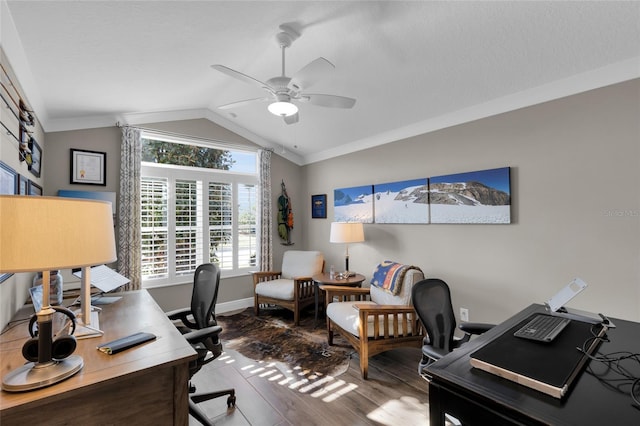 home office with hardwood / wood-style flooring, ceiling fan, lofted ceiling, and crown molding