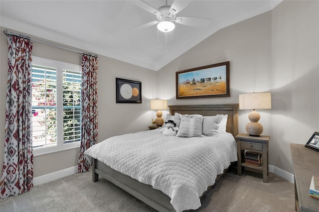 bedroom featuring carpet, ceiling fan, and lofted ceiling