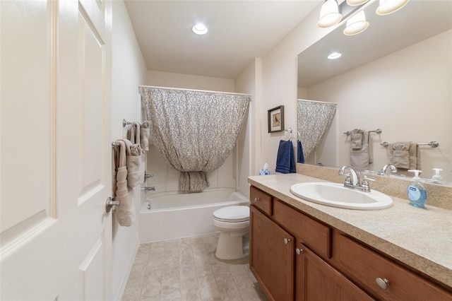 full bathroom with hardwood / wood-style flooring, vanity, shower / bath combination with curtain, and toilet