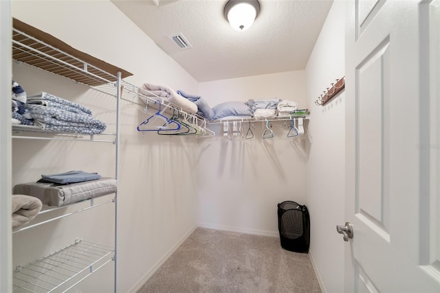 spacious closet featuring light colored carpet