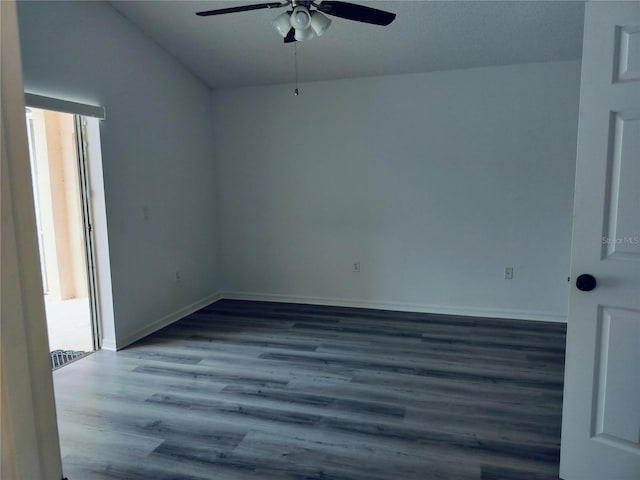 unfurnished room with hardwood / wood-style flooring, ceiling fan, and lofted ceiling