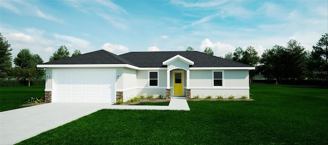 ranch-style home featuring a front yard and a garage