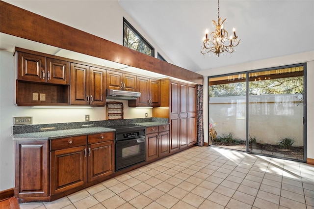 kitchen with hanging light fixtures, high vaulted ceiling, a chandelier, black oven, and light tile patterned floors