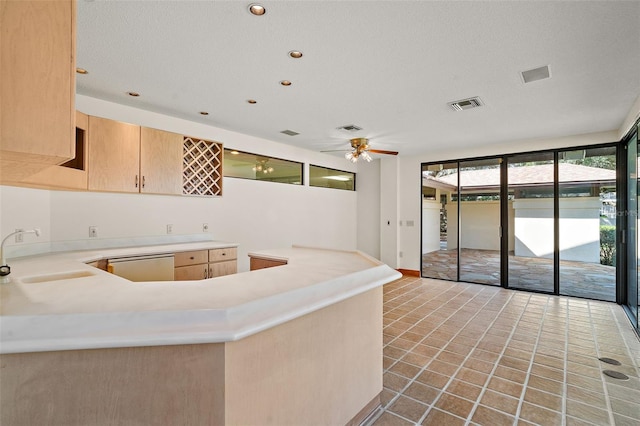 kitchen with kitchen peninsula, sink, and light brown cabinetry