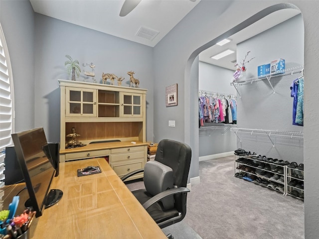 office space featuring carpet flooring and ceiling fan