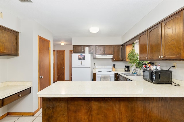 kitchen featuring kitchen peninsula, white appliances, light tile patterned flooring, and sink