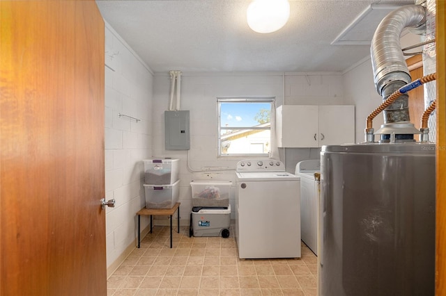 clothes washing area featuring cabinets, gas water heater, electric panel, a textured ceiling, and washer and dryer