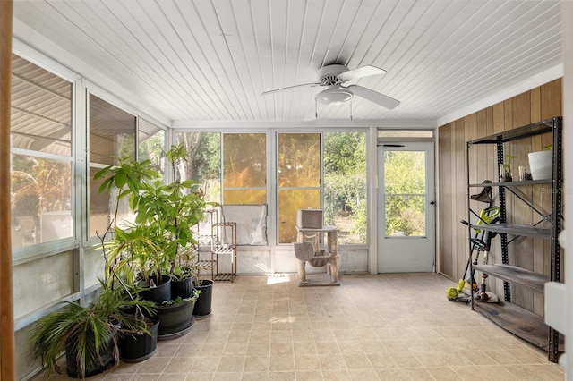 sunroom / solarium with ceiling fan and wooden ceiling