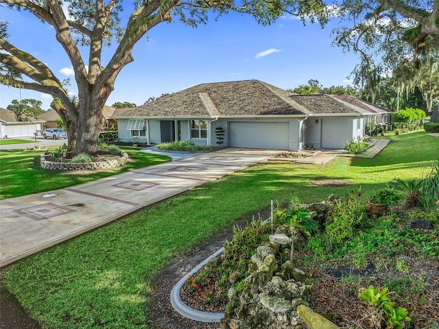 single story home featuring a front lawn and a garage