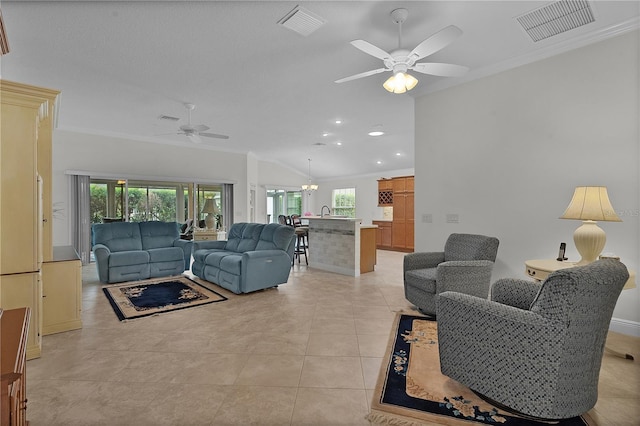 tiled living room with ceiling fan with notable chandelier and crown molding