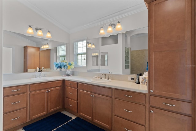 bathroom with vanity, ornamental molding, walk in shower, and vaulted ceiling