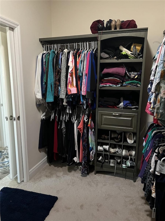 walk in closet with light colored carpet