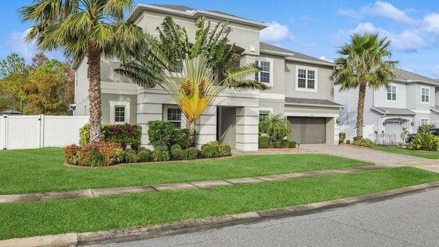 view of front of house featuring a garage and a front lawn